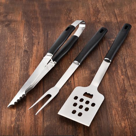Ensemble de 3 accessoires de barbecue en acier inoxydable pour barbecue de camping et cuisine : spatule, fourchette et pince.-AquaForge (1/5)