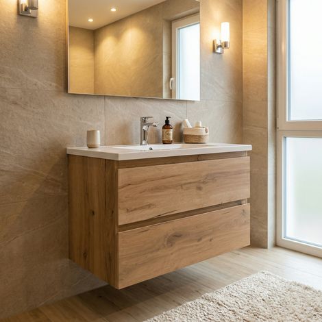 B-Way 79x50x45 cm mobile bagno sospeso 2 cassetti con lavabo in marmo colato, rovere opaco (BWAY280OAKU)
