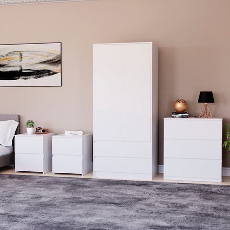 4 Piece Denver Bedroom Set, 2 Drawer Large Bedside Chest x2, 3 Drawer Chest, 2 Door 2 Drawer Wardrobe, White (1/2)