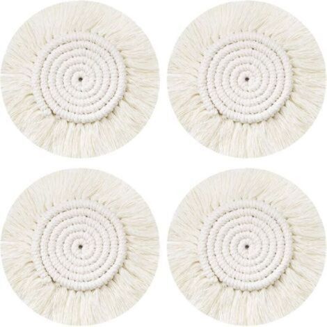 Dessous Verre Napperon Tissé Main, 4Pcs Ronds sous-Verres Tressé Coaster Macrame, Boho Tapis de Café Boisson Bière Tasse Table Antidérapant Résistantes à la Chaleur Décoration de Table (1/4)