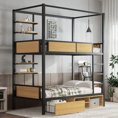 Metall- und MDF-Hochbett 90x200 cm mit Stauraum und Doppelregal HAVRYA (1/5)
