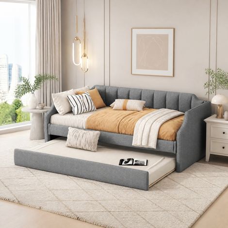 Cama nido gris 90x200/190 cm, estructura de madera, ahorra espacio, sin colchón FloraGrace (1/5)