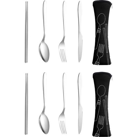 Couverts Portables - Ensemble de Couverts Réutilisables pour Voyages et Camping - Couteau Fourchette Cuillère Baguettes - 4 Pièces avec Étui (1/5)