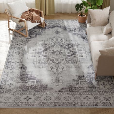 Vintage Area Rug, Non-Slip Washable Rug, Flannel Floor Carpet for Living Room, Bedroom, Dining Room, Home Office, 290 x 200 cm, Grey (1/5)