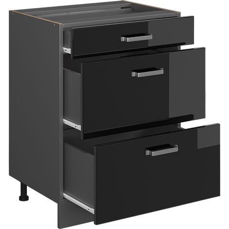 Mobiletto base per cucina R-Line, Nero lucido, 60 cm con cassetti, senza piano di lavoro, Vicco (1/4)