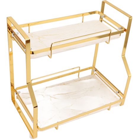 Étagère murale, étagère d'angle, autoportante, pour salon, chambre et cuisine, blanche et dorée, 2 niveaux (1/5)