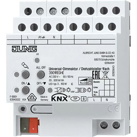 Jung KNX LED-Universal-Dimmaktor / Drehzahlsteller, 1fach, REG, 4 TE 3901 REGHE (1/2)