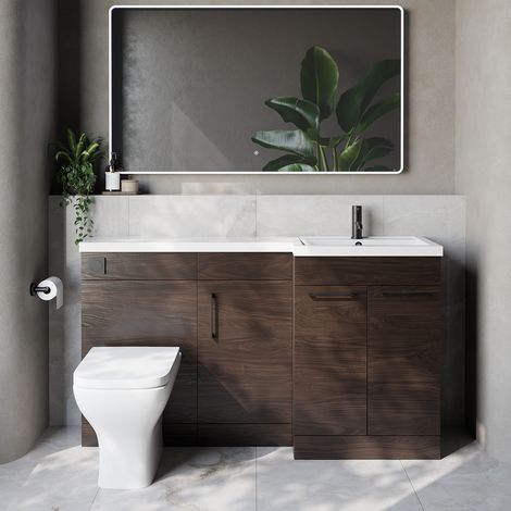 Napoli 390 Brown Oak 1500mm 3 Door Vanity Unit Toilet Suite with Right Hand Square Lucia Basin - 1500mm - Matt Black 160mm HandleWith Kingston Toilet Pan and Seat