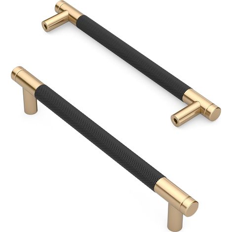 Set aus 2 mattschwarzen, gerändelten, goldfarbenen Möbelgriffen, 192 mm, für Küchenschubladen und -schränke