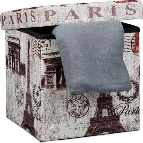 Relaxdays Folding Seat Box Ottoman 38 cm Sturdy Seat Cube with Trendy Motifs as Practical Footrest with Cofortable Faux Leather Cover for Storage Box Pouffe with Removable Lid, Paris