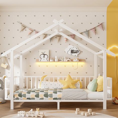 Lit cabane enfant 90x200 métal - barrière sécurité toit cadre décoratif - blanc (1/5)