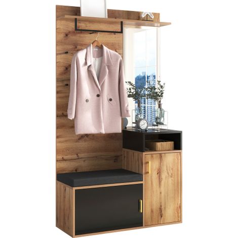 Ensemble de rangement pour le couloir, comprenant 4 patères, un miroir, un meuble à chaussures, un porte-manteau mural, une étagère supérieure et un banc de rangement. ( il nécessite de percer et de p (1/5)