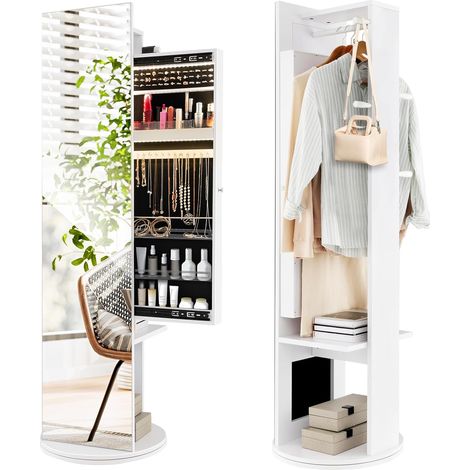 GOPLUS Armoire à Bijoux avec Base Rotative à 360° et Lumières LED Intégrées à 3 Couleurs,Porte-manteau avec Miroir Pleine Longueur,Blanc (1/5)