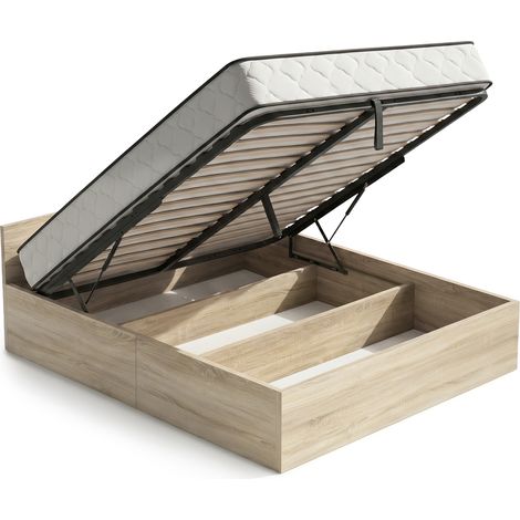 Lit coffre 160x200 cm sommier relevable en métal et matelas à ressorts Chêne Sonoma (1/5)