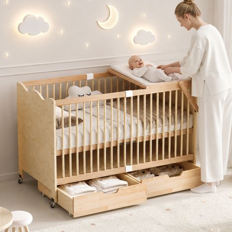 Lit bébé 70 x 140 x 94,5 cm, mobile, table à langer, étagère, tiroirs et sommier réglable sur 4 hauteurs, moderne, pin massif, naturel (1/5)