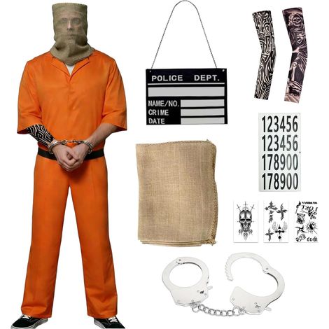 Costume de prisonnier pour homme et femme,Jumpsuit Prisoner Orange,Avec accessoires de prisonnier,Pour cosplay, Halloween, carnaval (1/5)