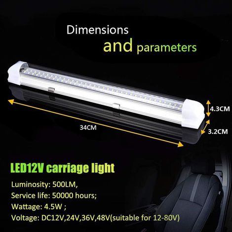 Barre lumineuse LED,DC 9-90V Lampe de Placard Led Camping Car  900LM Plafonnier Intérieur éclairage avec Interrupteur ON/OFF Lampe Intérieur Voiture pour Caravane,Camion,Cuisine,Bateau  (72 LEDs×1)
