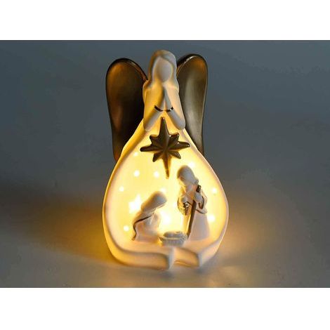 Kontarboor – Crèche de Noël en céramique blanche avec lumières LED – Détails dorés – Dimensions 10,5 x 9 x 18 H – Décoration festive (1/5)