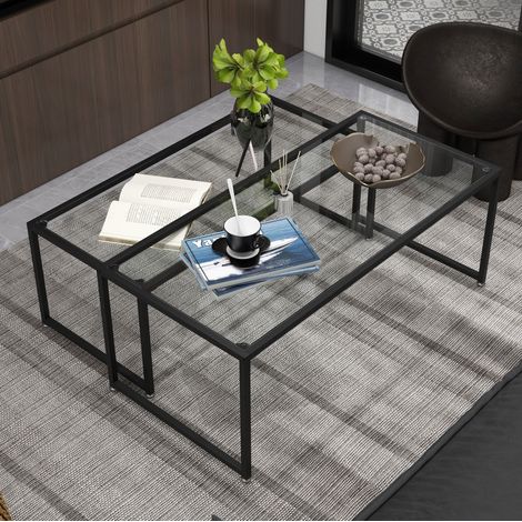 Mesa de centro nido de 2 piezas de acero negro y vidrio transparente, apilables, 119x56x44,5 cm (1/5)