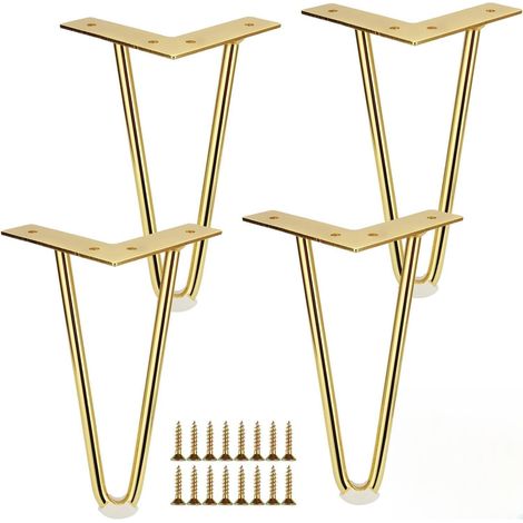 4 pièces Pieds de Table épingle à Cheveux Or, 20cm Pieds de Meuble épingle à Cheveux Or, DIY Pieds de Table métal Hairpin Legs avec Protection de Sol & vis pour canapé, Bureau, Table de Nuit (1/4)