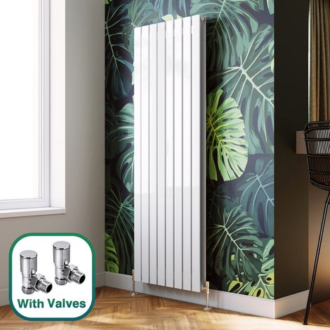 ELEGANT 1800 x 608 mm White Vertical Column Rads Low Carbon Steel Radiator Double Flat Panel Designer Bathroom Radiator + Angled Radiator Valves (1/5)