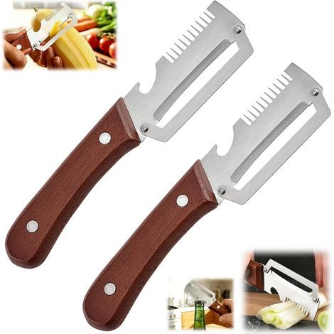 Économe Multifonction 3-en-1 (Lot de 2) – Éplucheur Légumes/Fruits avec Manche en Bois, Décapsuleur & Râpe – Pour Pommes de Terre, Ananas, Canne à Sucre, Citrouille (1/5)