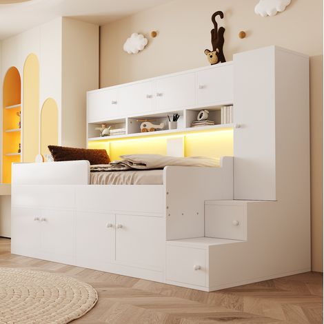 Lit enfant 90 x 200 cm avec rangements, étagères, armoire, échelle et LED, blanc, REDOM (1/5)
