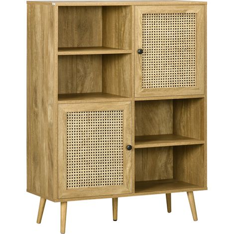 Buffet haut design 2 portes en bois et rotin, meuble de rangement armoire aspect cannage - dim. 90 x 32,5 x 120 cm