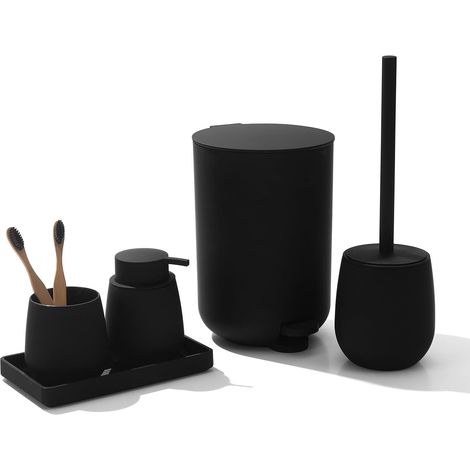 Accesorios de baño negros: jabón, cepillo de dientes, papelera, escobilla de baño, soporte, bandeja (1/4)