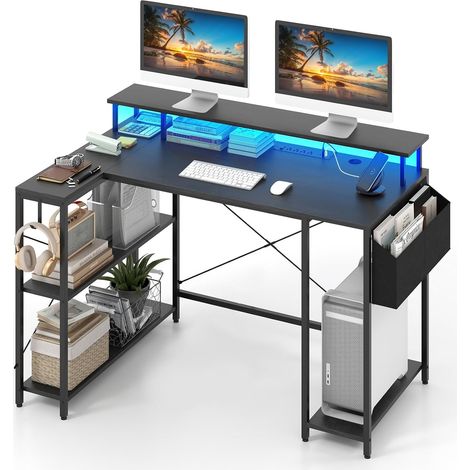 COSTWAY Scrivania Angolare da Gaming, Scrivania Salvaspazio a Forma di L con Luci LED, Stazione di Ricarica, Ripiani e Supporto per Monitor, Scrivania ad Angolo per Casa e Ufficio (Nero) (1/5)