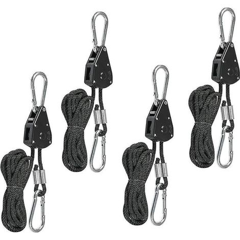 Lot de 4 cliquets à corde robustes avec crochets, cliquet à corde réglable pour lampe horticole, 68 kg, léger (1/5)