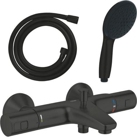 Pack mitigeur thermostatique bain douche GROHE Precision Start noir mat + Douchette 2 jets Vitalio Start 110 et flexible