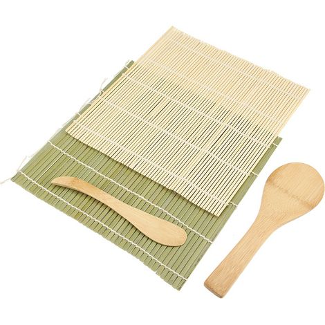 Kit 4 pièces Accessoire sushi, Tapis bambou naturel, Spatule riz, Rouleau préparation, Usage domicile (1/5)