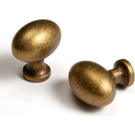 Boutons de meubles ovales en laiton antique — Alliage de zinc — Conviennent aux tiroirs de commodes, armoires, penderies, etc. (Lot de 10, finition laiton antique, boutons en forme d'œuf)