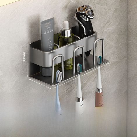Porte-brosses à dents sans perçage gris anthracite, format familial, porte-brosses à dents électrique, porte-gobelets de bain de bouche mural, rangement pour gobelets de toilette (1/5)