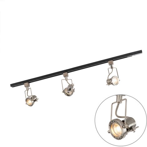 QAZQA + Moderno Sistema de riel con 3 focos monofásicos negro con acero - Suplux Acero Alargada Adecuado para LED Max. 3 x 50 Watt (1/4)