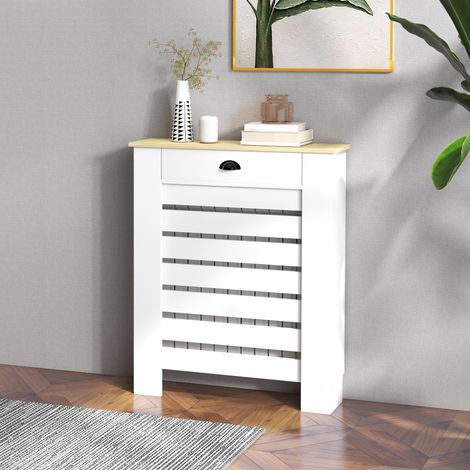 Rangement Couvercle de radiateur cache grille à lattes horizontales avec 2 tiroirs en bois 78l x 19P x 95,5H cm - blanc