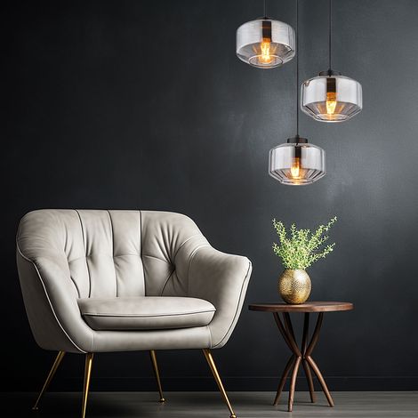 LED Pendellampe Esstisch Wohnzimmerleuchte schwarz 3-flammig Hängeleuchte modern, bauchige Glasschirme, Metall schwarz rauch, 3x 7W 3x 630lm warmweiß, DxH 40x120 cm