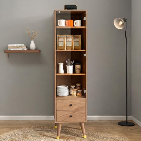 Meuble de rangement haut avec porte vitrée et tiroirs en bois (1/5)