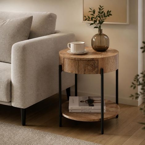 Table d’Appoint Ronde Marron avec Tiroir et Étagère, Pieds Métal (1/5)