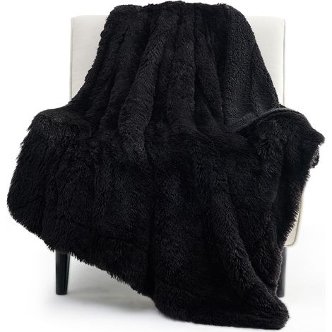 Couverture en fausse fourrure noire pelucheuse – Fausse fourrure pelucheuse, moelleuse et shaggy, Sherpa doux et épais, cadeau décoratif chaleureux et confortable, 127 x 152,4 cm, 640 g/m² (1/4)