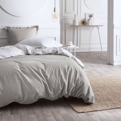 Parure de lit 3 pièces 240x220 cm percale bicolore blanc et beige