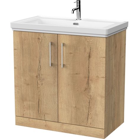 Pershall Contemporary Floor Standing 2 Door Vanity Unit with Traditional 1 Tap Hole Fireclay Basin, 800mm, Autumn Oak