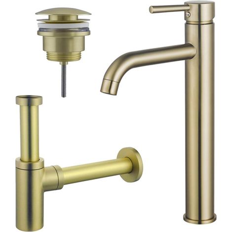 FugaFlow Eccelente Sobrado Kit mitigeur lavabo - robinet rehaussé - bonde clic clac - siphon design - PVD Laiton brossé (1/4)
