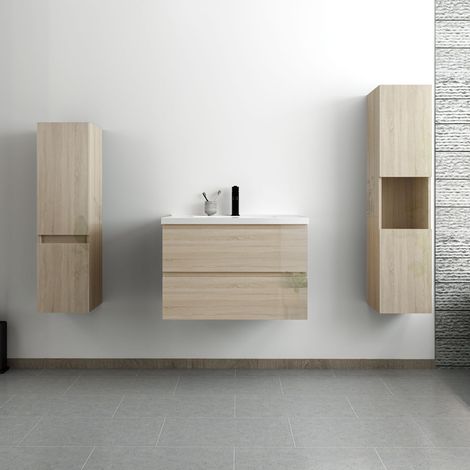 Acezanble ensemble meuble salle de bain 80 cm Chêne Wotan brillant avec 2 tiroirs à fermeture automatique, lavabo céramique simple + deux colonnes, suspendu