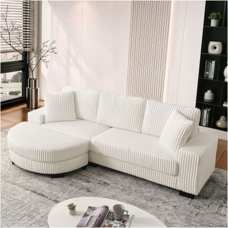Canapé d'angle 256.5x133.5x89cm velours côtelé beige - Canapé Modulable - 4 places, pouf ovale réversible, mousse haute densité (1/5)