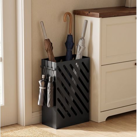 Paragüero con bandeja recogeagua, 4 ganchos, acero, 28 x 14 x 41 cm, negro OKMYHOME (1/5)