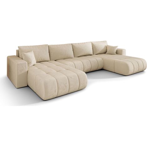 Canapé d’angle velours panoramique convertible avec coffre KAEL-Beige (1/5)