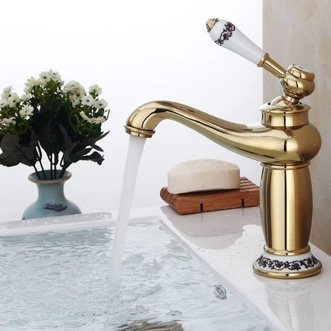Robinet rétro doré pour salle de bain - En laiton - Mitigeur monocommande avec conduite d'eau et pièces de montage (1/5)