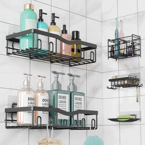 5 Pièces Étagère de douche, Acier inoxydable, Adhésif sans perçage, Porte-savon et porte-brosse, Salle de bain et cuisine (1/5)